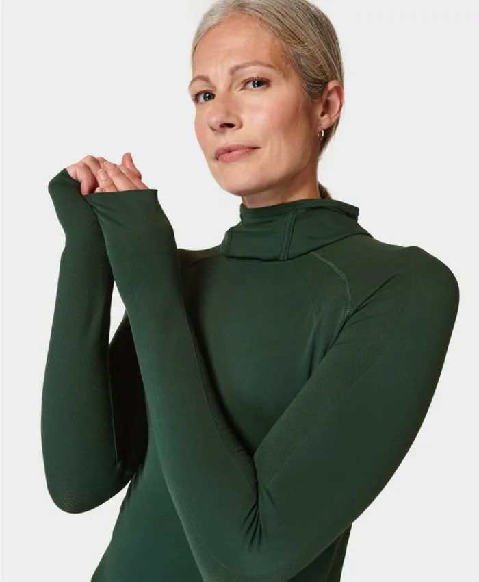 Sweaty Betty Athlete Hooded Long Sleeve Top Trek Green Clothing Long Sleeve Tops