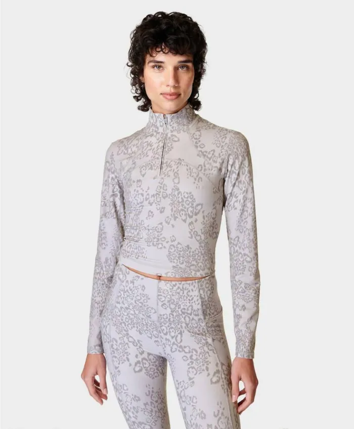 Sweaty Betty Super Soft Half Zip Grey Smokey Leopard Print Clothing Sweatshirts Hoodies