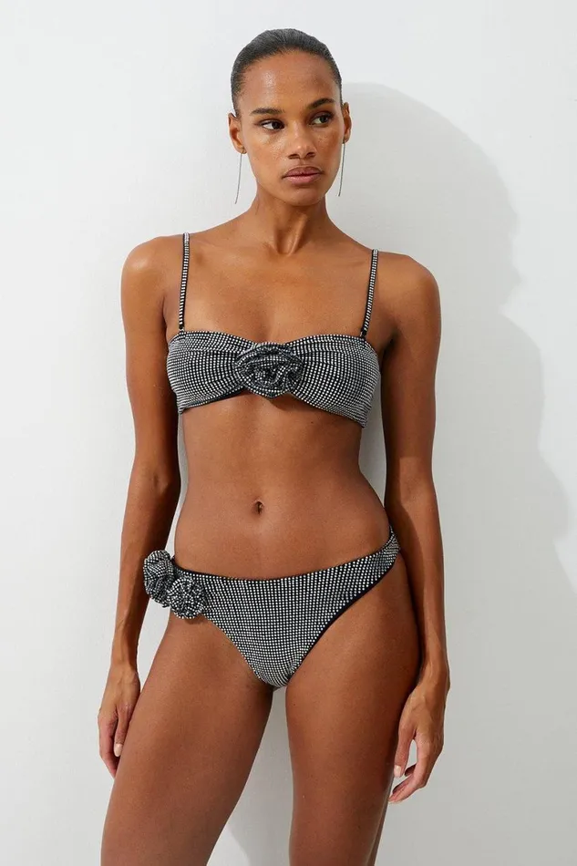 Swimwear Women Karen Millen Premium Embellished Rosette Bandeau Bikini Top Black