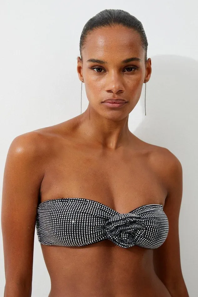 Swimwear Women Karen Millen Premium Embellished Rosette Bandeau Bikini Top Black
