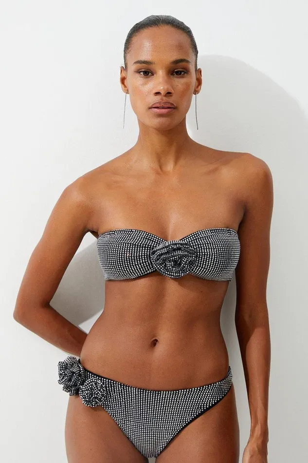 Swimwear Women Karen Millen Premium Embellished Rosette Bandeau Bikini Top Black