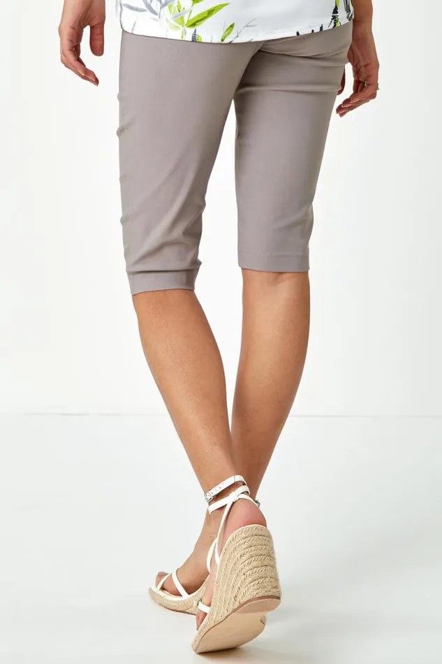 Taupe Elastic Waist Knee Length Stretch Shorts Women Roman Coords