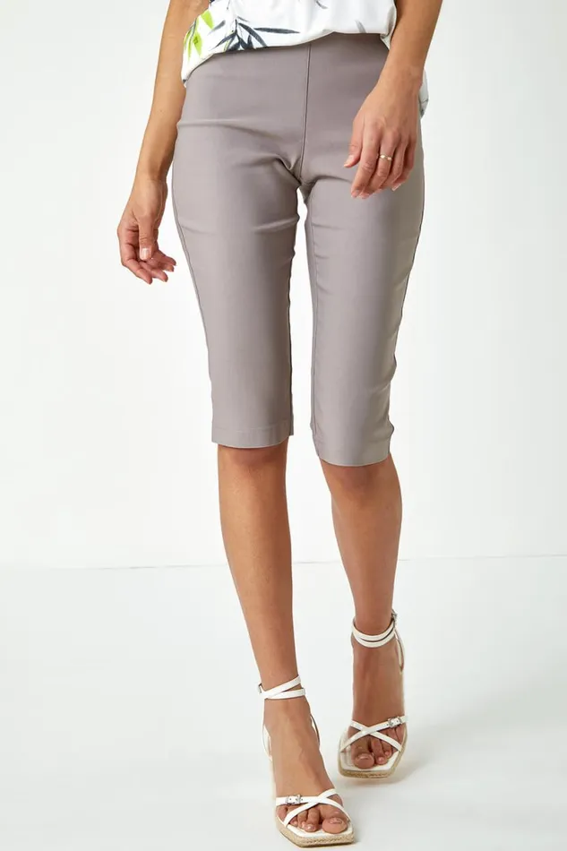 Taupe Elastic Waist Knee Length Stretch Shorts Women Roman Coords
