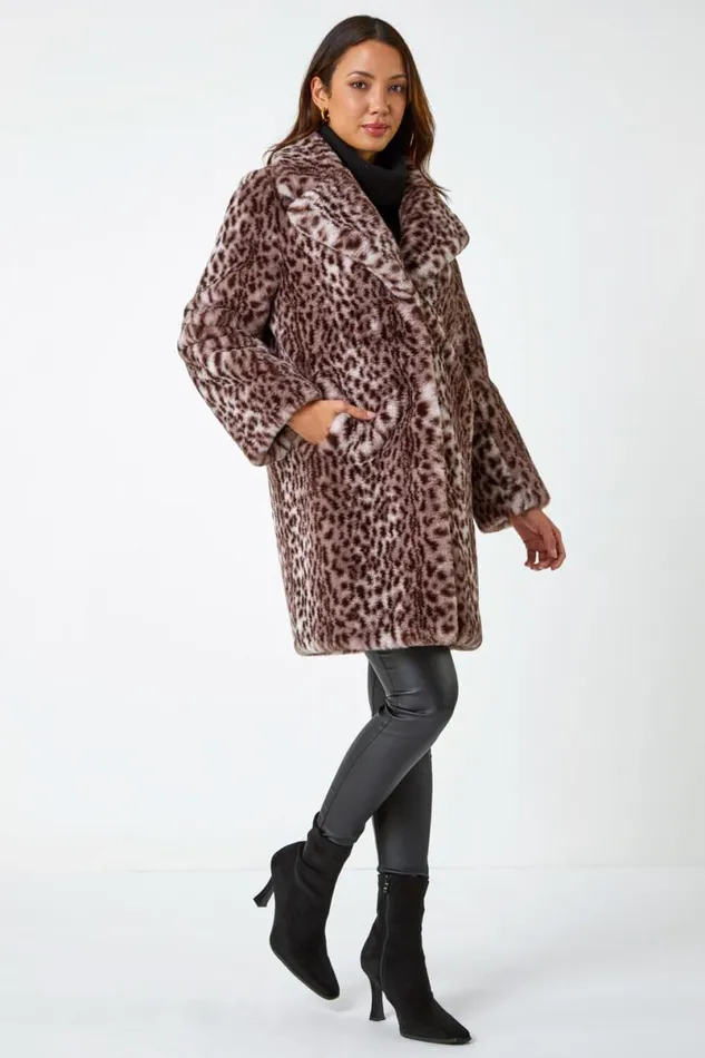 Taupe Premium Animal Print Faux Fur Coat Women Roman Coats