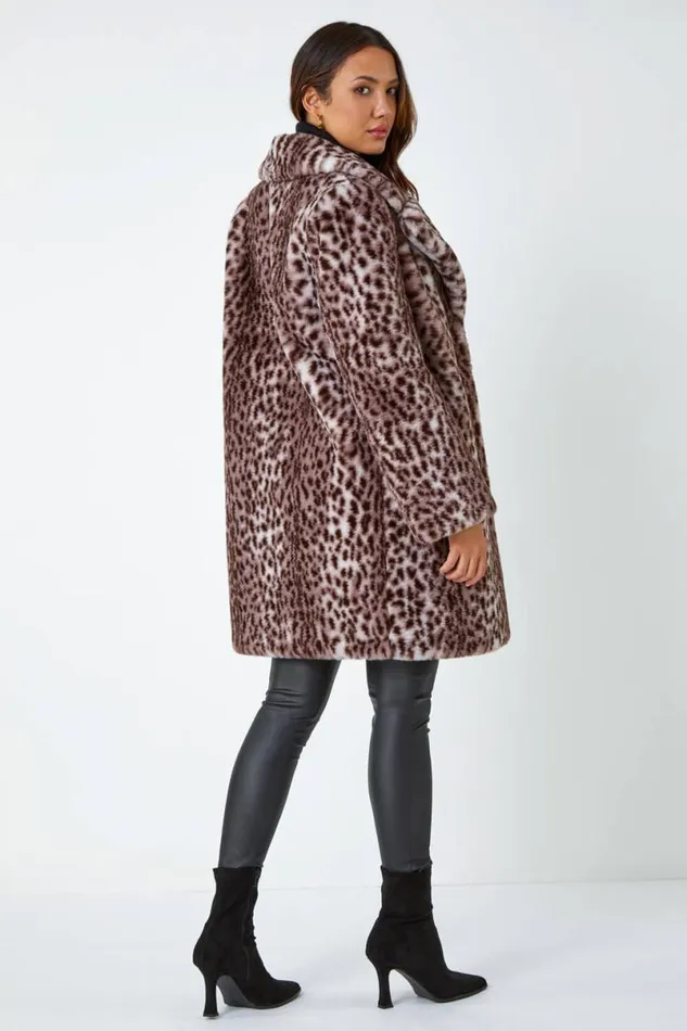 Taupe Premium Animal Print Faux Fur Coat Women Roman Coats