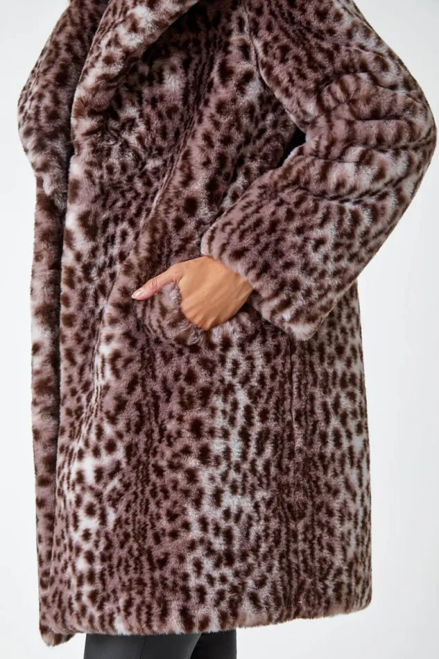 Taupe Premium Animal Print Faux Fur Coat Women Roman Coats