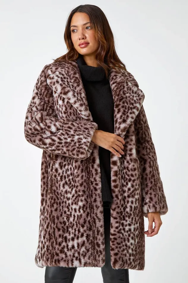 Taupe Premium Animal Print Faux Fur Coat Women Roman Coats