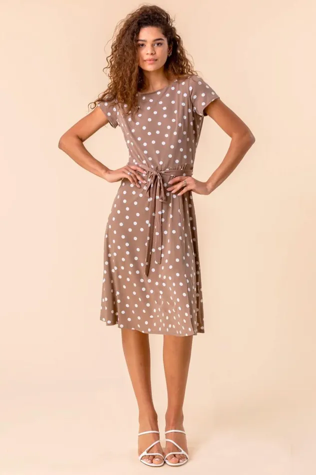 Taupe Spot Print Jersey Stretch Dress Women Roman Dresses