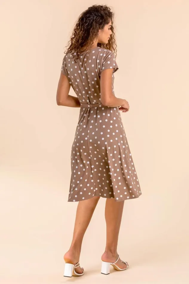 Taupe Spot Print Jersey Stretch Dress Women Roman Dresses