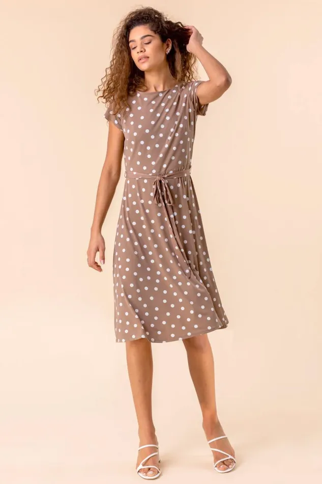 Taupe Spot Print Jersey Stretch Dress Women Roman Dresses