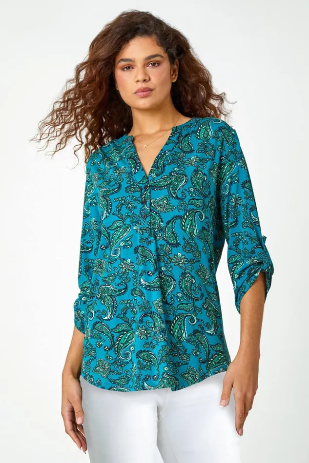 Teal Paisley Jersey VNeck Stretch Shirt Women Roman Tops