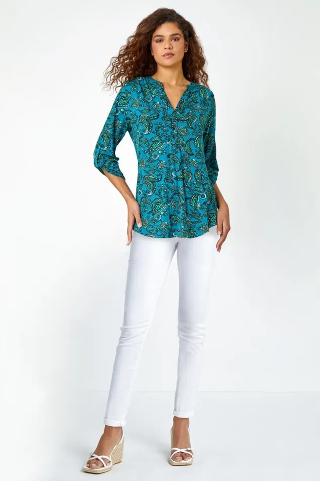 Teal Paisley Jersey VNeck Stretch Shirt Women Roman Tops