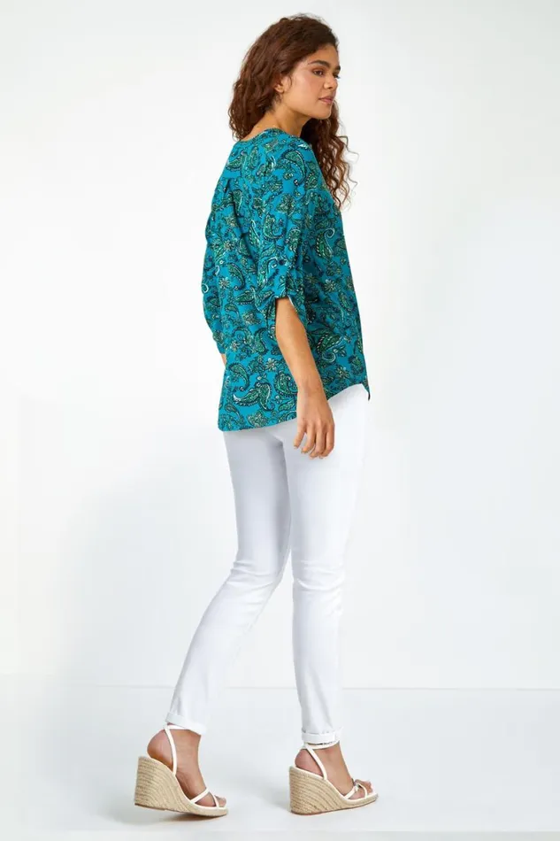 Teal Paisley Jersey VNeck Stretch Shirt Women Roman Tops