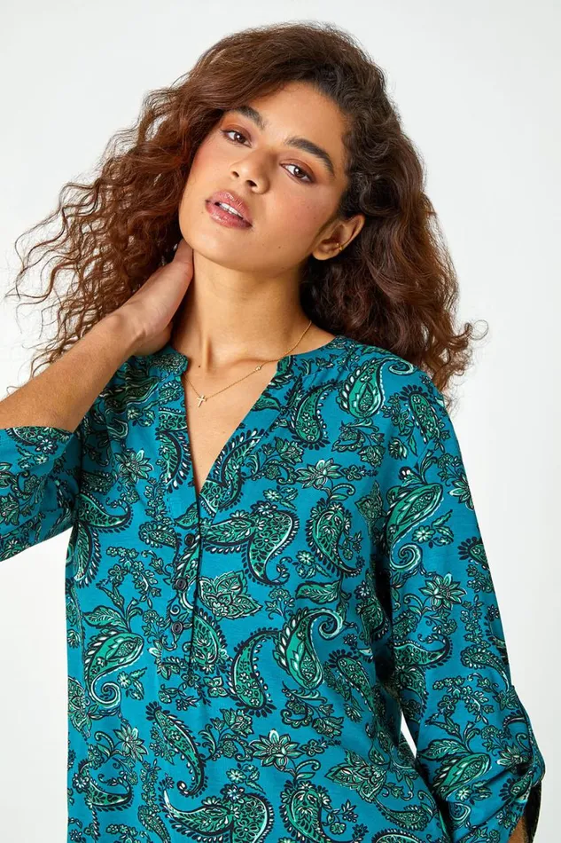 Teal Paisley Jersey VNeck Stretch Shirt Women Roman Tops
