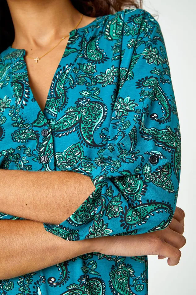 Teal Paisley Jersey VNeck Stretch Shirt Women Roman Tops