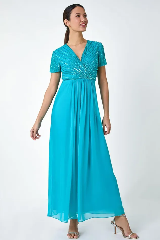 Teal Sequin Embellished Maxi Dress Women Roman Dresses