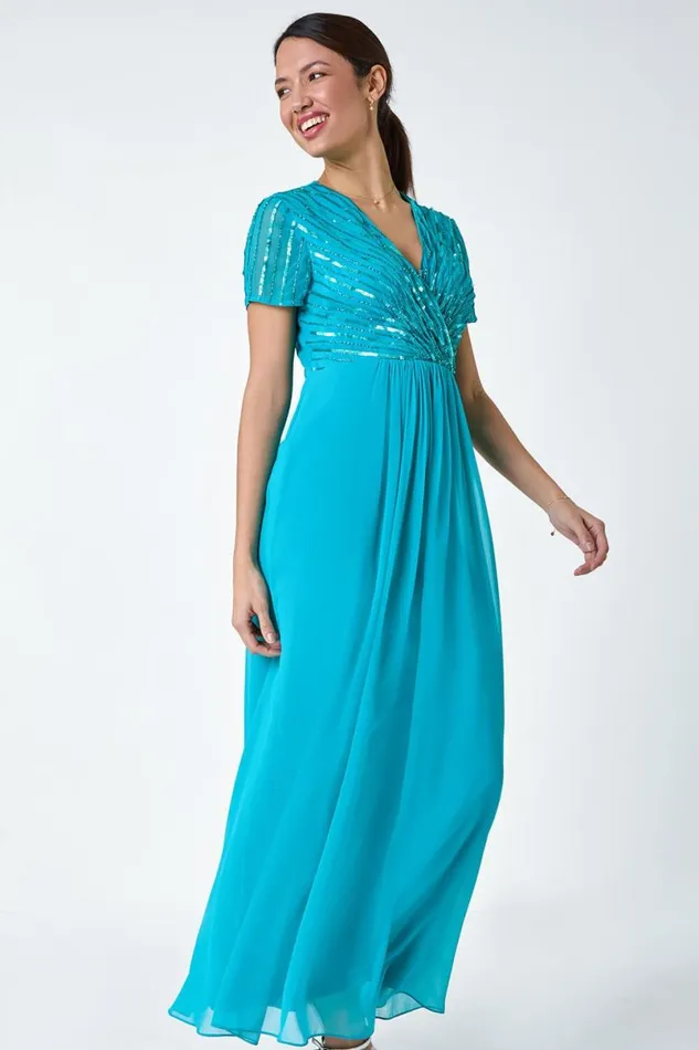 Teal Sequin Embellished Maxi Dress Women Roman Dresses