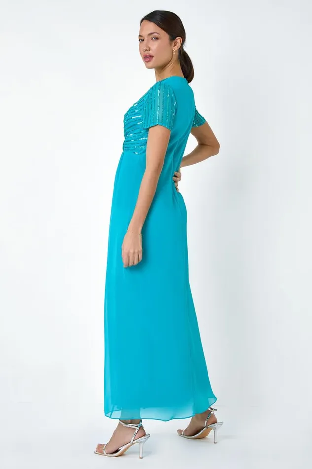 Teal Sequin Embellished Maxi Dress Women Roman Dresses