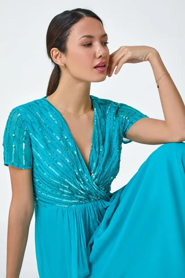 Teal Sequin Embellished Maxi Dress Women Roman Dresses