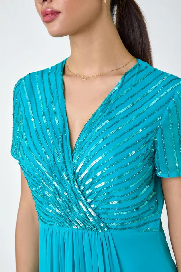 Teal Sequin Embellished Maxi Dress Women Roman Dresses