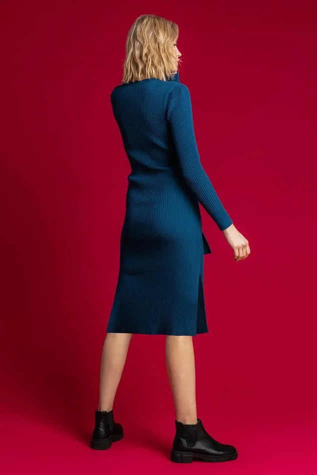 Teal Side Split Belted Knit Dress Women Roman Dresses
