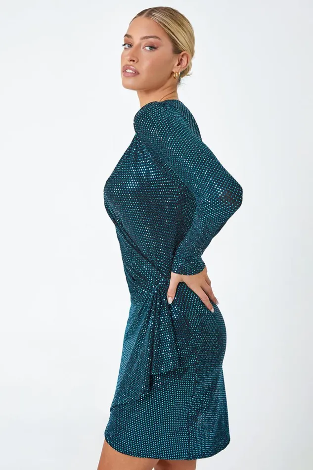 Teal Sparkle Embellished Ruched Wrap Dress Women Roman Dresses