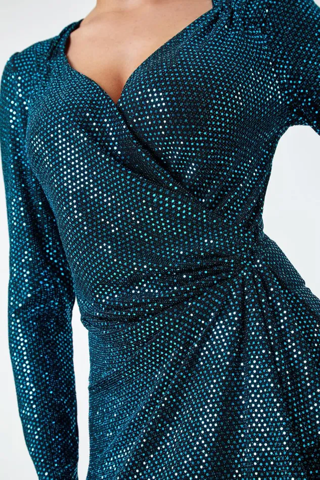 Teal Sparkle Embellished Ruched Wrap Dress Women Roman Dresses