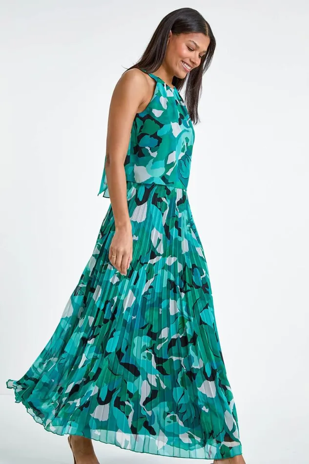 Teal Swirl Print Pleated Halterneck Maxi Dress Women Roman Dresses