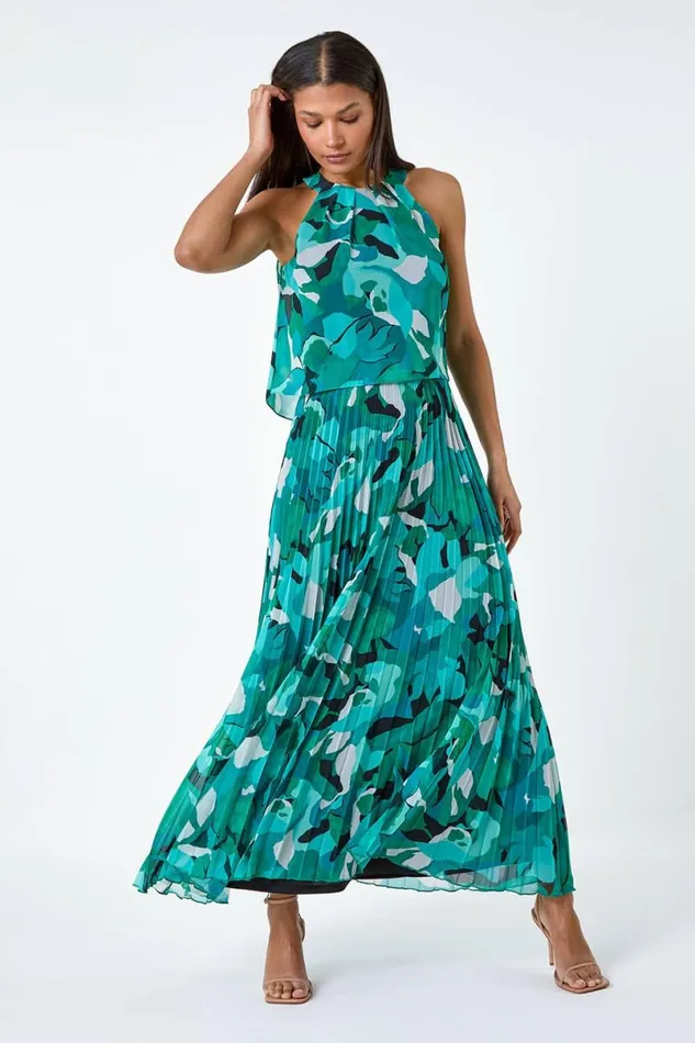 Teal Swirl Print Pleated Halterneck Maxi Dress Women Roman Dresses