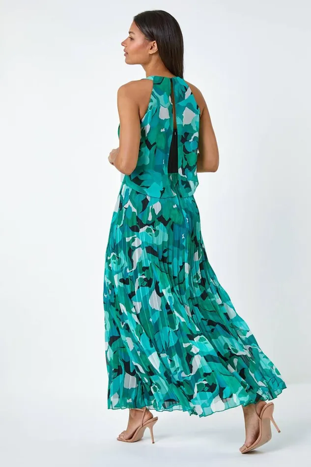 Teal Swirl Print Pleated Halterneck Maxi Dress Women Roman Dresses