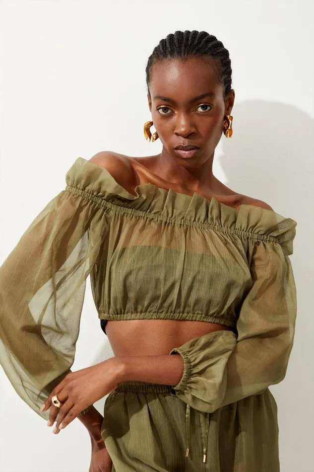 Tops Women Karen Millen Bardot Sheer Beach Balloon Sleeve Top Khaki