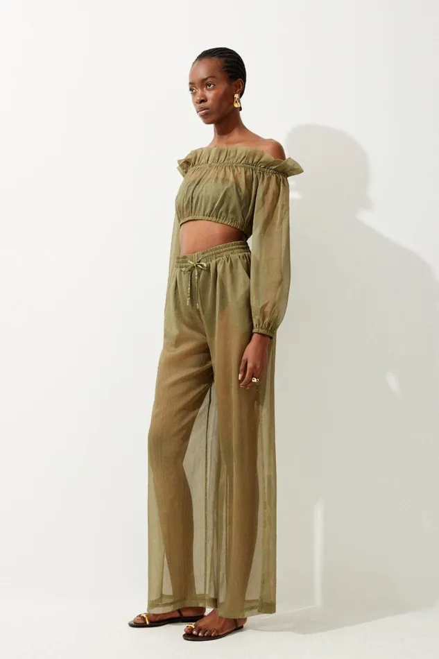 Tops Women Karen Millen Bardot Sheer Beach Balloon Sleeve Top Khaki