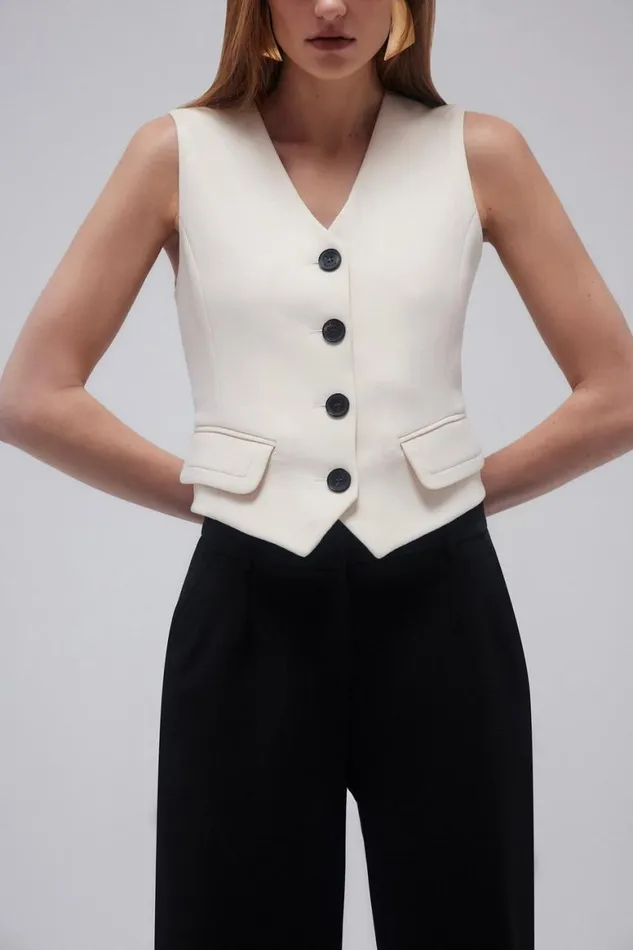 Tops Women Karen Millen Compact Stretch Tailored Buttoned Waistcoat Cream
