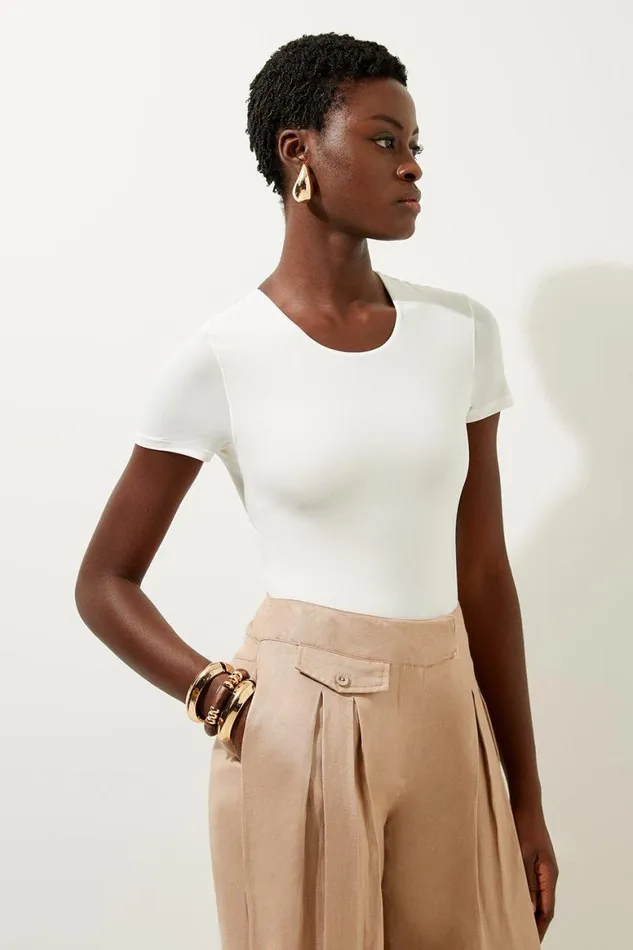 Tops Women Karen Millen Contour Jersey Short Sleeve Bodysuit Ivory