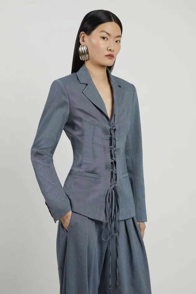 Tops Women Karen Millen Corseted Tie Detail Front Tailored Longline Blazer Navy