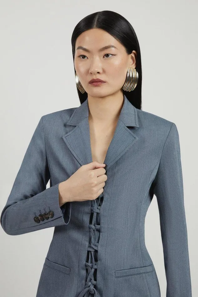 Tops Women Karen Millen Corseted Tie Detail Front Tailored Longline Blazer Navy