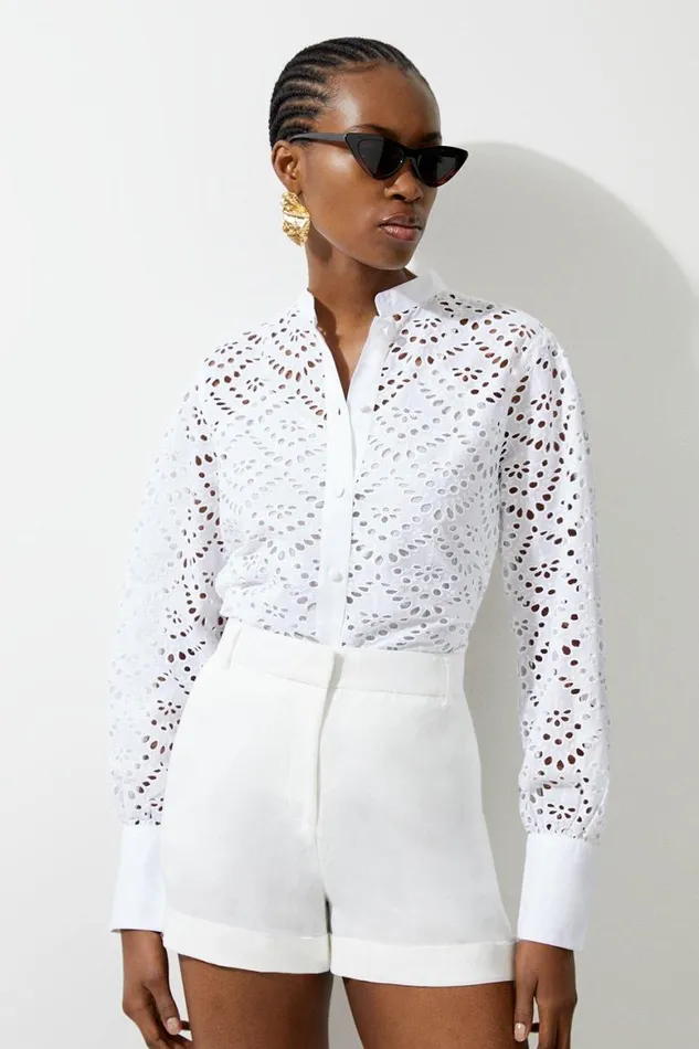Tops Women Karen Millen Cotton Broderie Balloon Sleeve Woven Top White