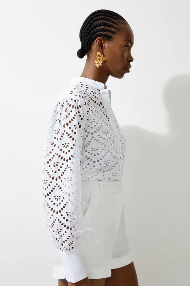 Tops Women Karen Millen Cotton Broderie Balloon Sleeve Woven Top White