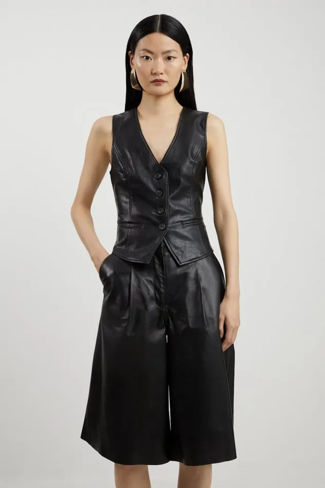 Tops Women Karen Millen Faux Leather Button Waistcoat Black