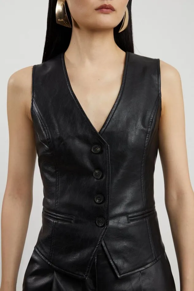 Tops Women Karen Millen Faux Leather Button Waistcoat Black