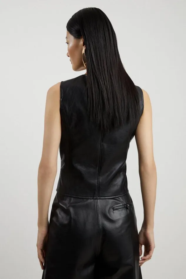 Tops Women Karen Millen Faux Leather Button Waistcoat Black