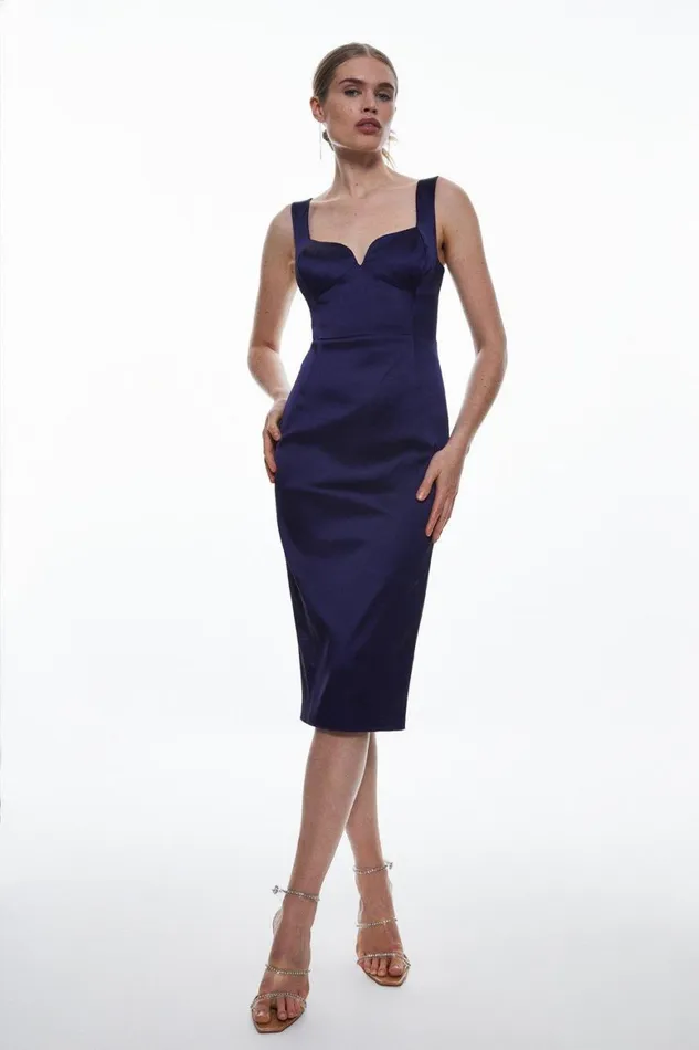 Tops Women Karen Millen Italian Structured Satin Corset Back Detail Midi Pencil Dress Navy
