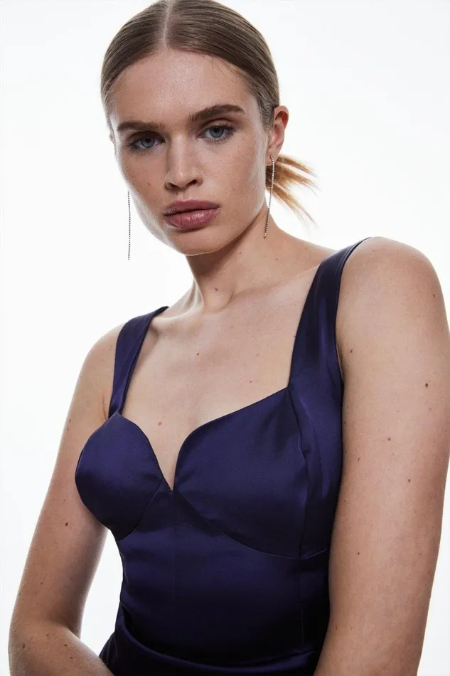 Tops Women Karen Millen Italian Structured Satin Corset Back Detail Midi Pencil Dress Navy