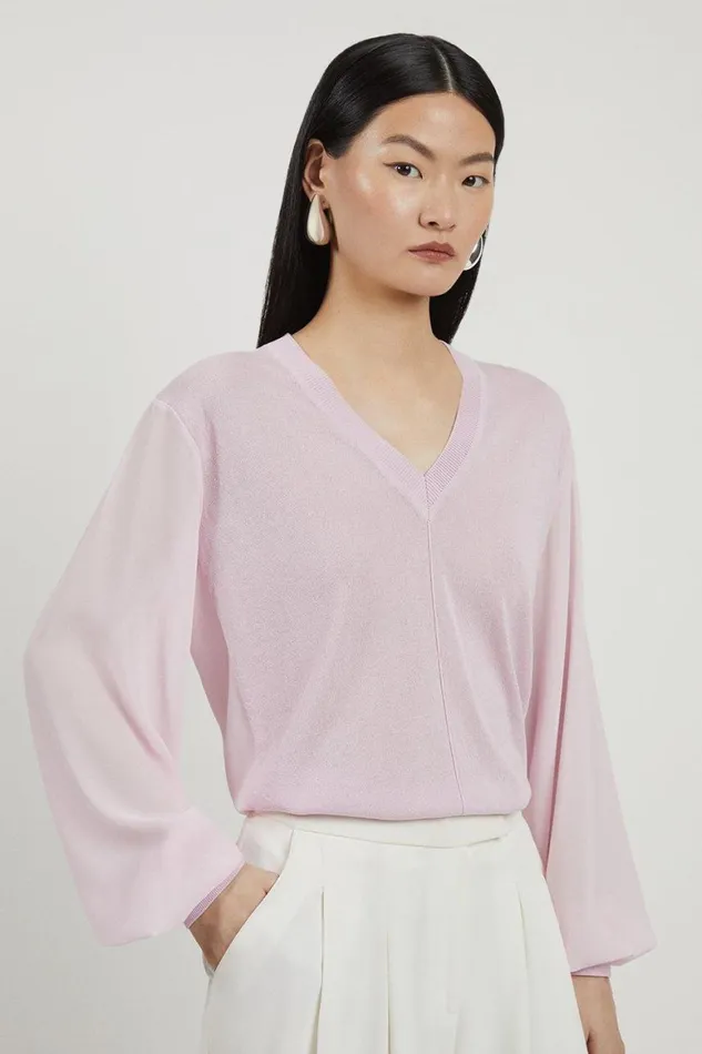 Tops Women Karen Millen Lightweight Viscose Blend Summer Knit Georgette Sleeve Top Lilac Tops Women Karen Millen Lightweight Viscose Blend Summer Knit Georgette Sleeve Top Lilac