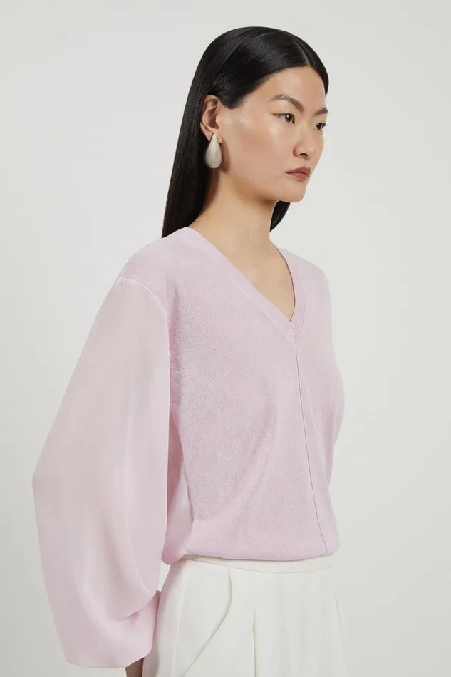 Tops Women Karen Millen Lightweight Viscose Blend Summer Knit Georgette Sleeve Top Lilac