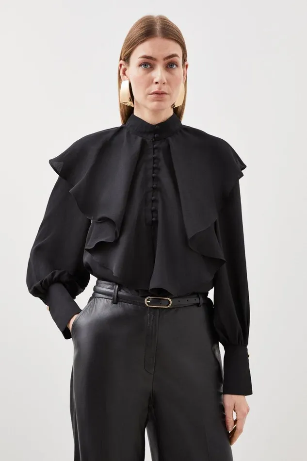Tops Women Karen Millen Pleated Georgette Woven Blouse Black