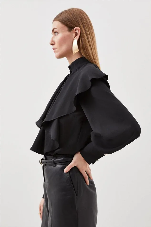 Tops Women Karen Millen Pleated Georgette Woven Blouse Black