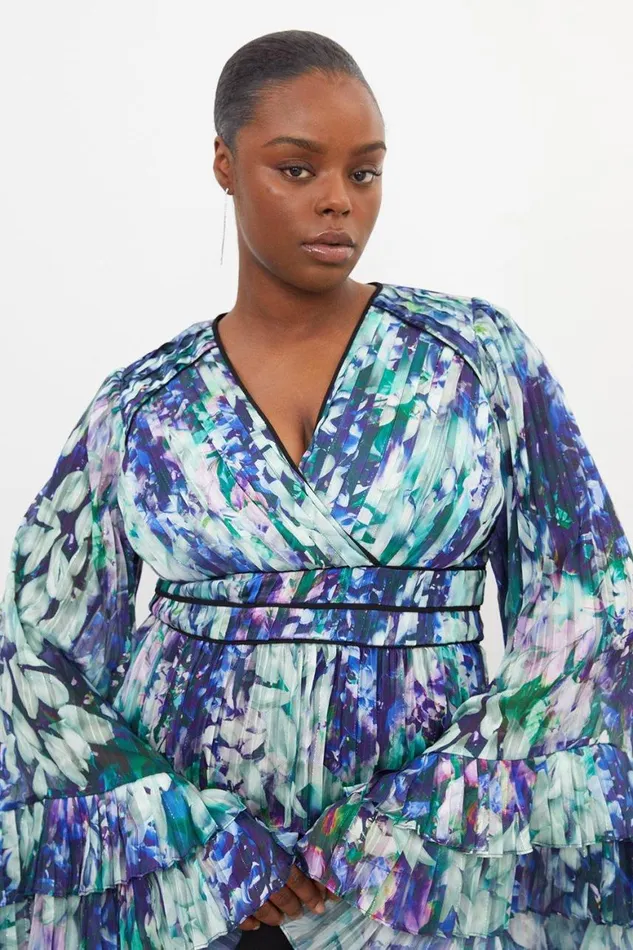 Tops Women Karen Millen Plus Size Floral Drama Kimono Woven Blouse Blue