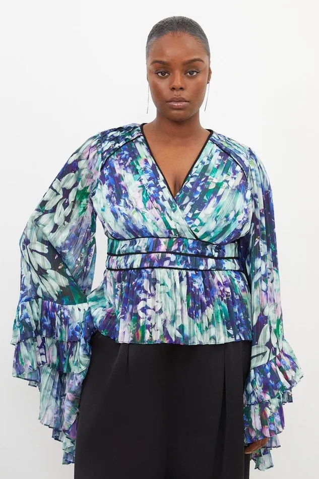 Tops Women Karen Millen Plus Size Floral Drama Kimono Woven Blouse Blue
