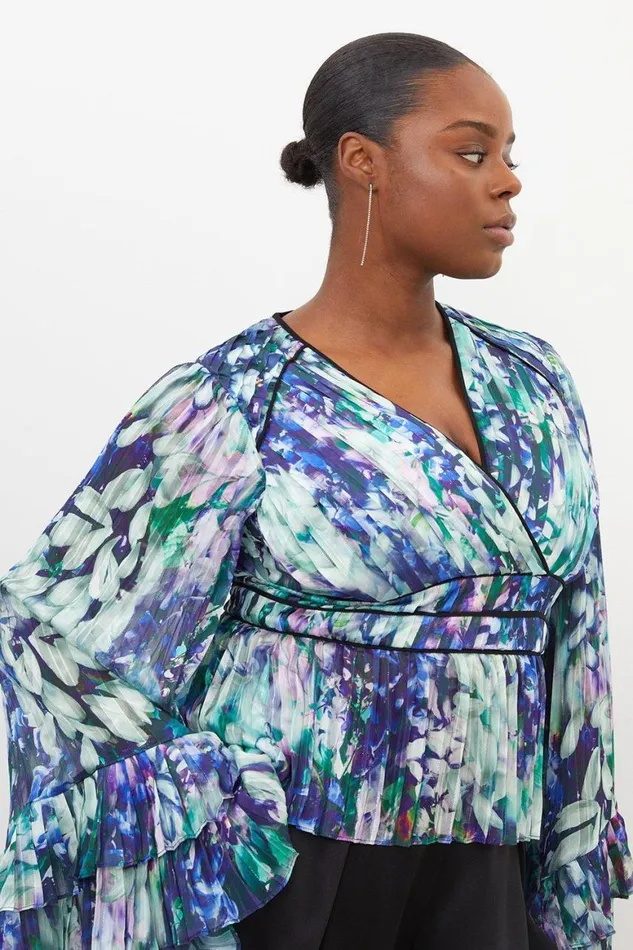 Tops Women Karen Millen Plus Size Floral Drama Kimono Woven Blouse Blue